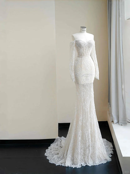 Elegant White Lace Sequin Mermaid Wedding Dress Charming Sweetheart Long Sleeves Evening Dress- RF0472
