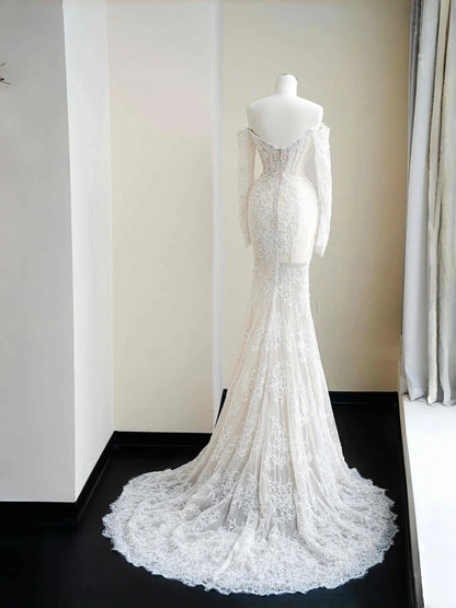 Elegant White Lace Sequin Mermaid Wedding Dress Charming Sweetheart Long Sleeves Evening Dress- RF0472