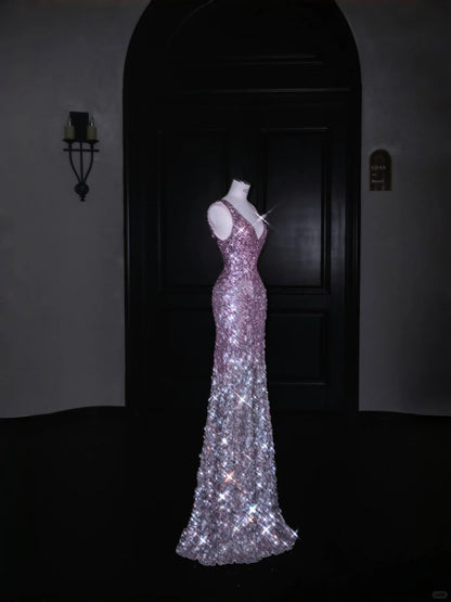 Sparkling Pink Sequin Sheath V Neck Formal Evening Dress Unique Bridesmaid Dress RF0474