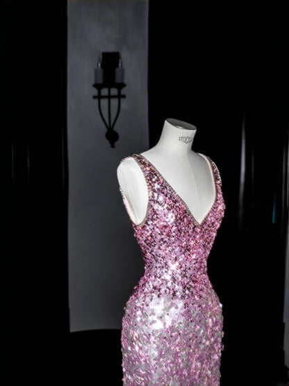 Sparkling Pink Sequin Sheath V Neck Formal Evening Dress Unique Bridesmaid Dress RF0474