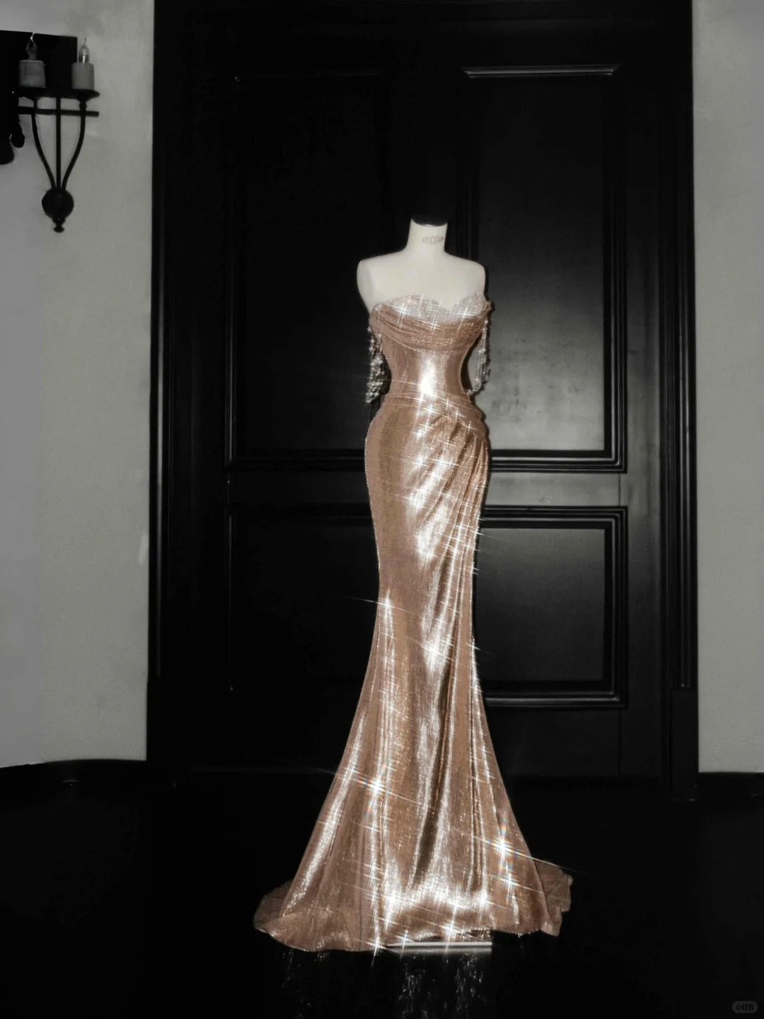 Elegante Champagner Off Schulter Meerjungfrau Pailletten Lange Ballkleider Formale Abendkleider RF0475