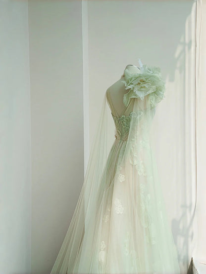 Süßes hellgrünes Tüll-Applikation-A-Linie mit V-Ausschnitt, langes Ballkleid, schönes Hochzeitskleid RF0476