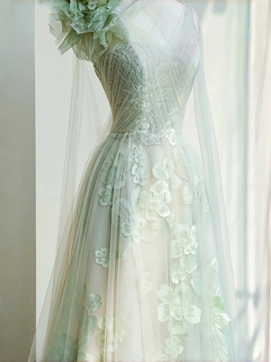 Sweet Light Green Tulle Applique A-Line V Neck Long Prom Dresses Beautiful Wedding Dress RF0476