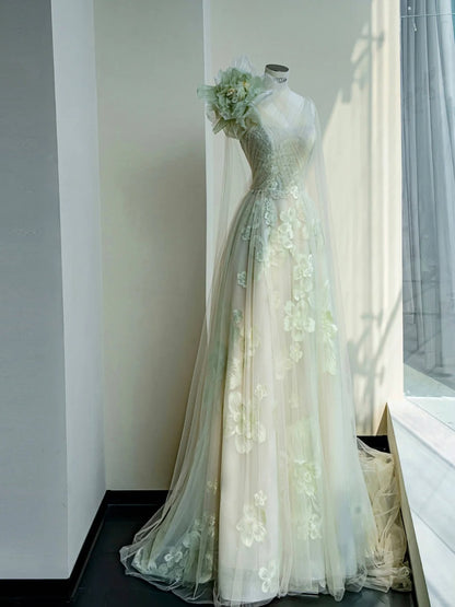 Süßes hellgrünes Tüll-Applikation-A-Linie mit V-Ausschnitt, langes Ballkleid, schönes Hochzeitskleid RF0476