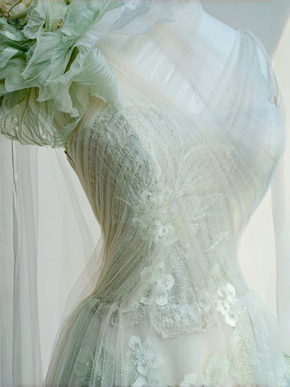 Süßes hellgrünes Tüll-Applikation-A-Linie mit V-Ausschnitt, langes Ballkleid, schönes Hochzeitskleid RF0476