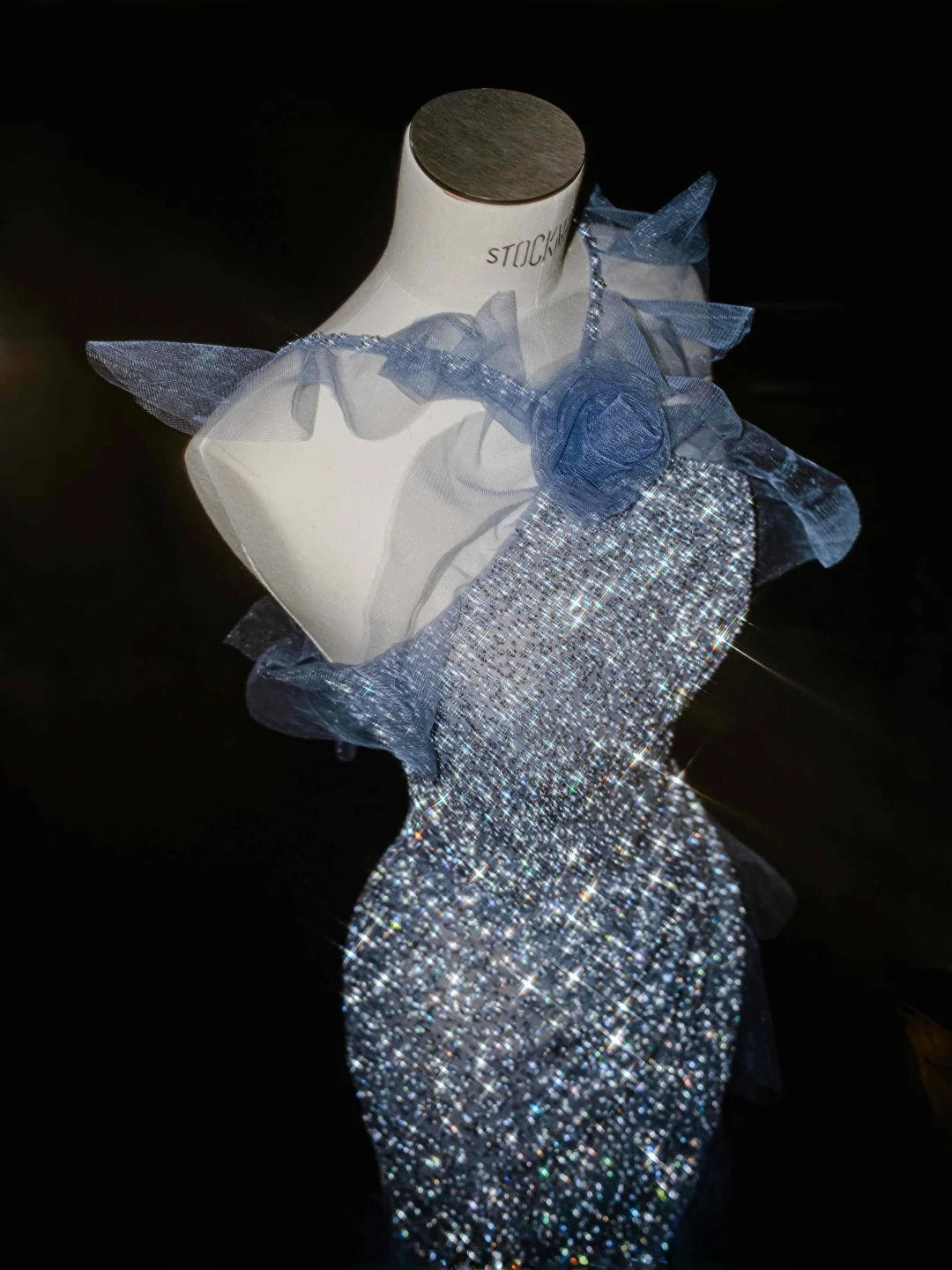 Stunning Grey Blue Tulle Sequin Mermaid Halter Neck Long Prom Dresses Formal Evening Dresses RF0477
