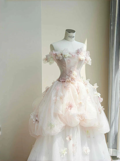 Hübsches hellrosa schulterfreies A-Linien-Brautkleid mit mehrlagiger Tüllapplikation Sweet 16 Kleid RF0478