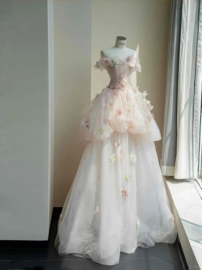 Hübsches hellrosa schulterfreies A-Linien-Brautkleid mit mehrlagiger Tüllapplikation Sweet 16 Kleid RF0478