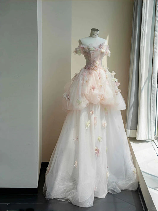 Pretty Light Pink Off-the-shoulder A-Line Layered Tulle Applique Wedding Dress Sweet 16 Dress RF0478