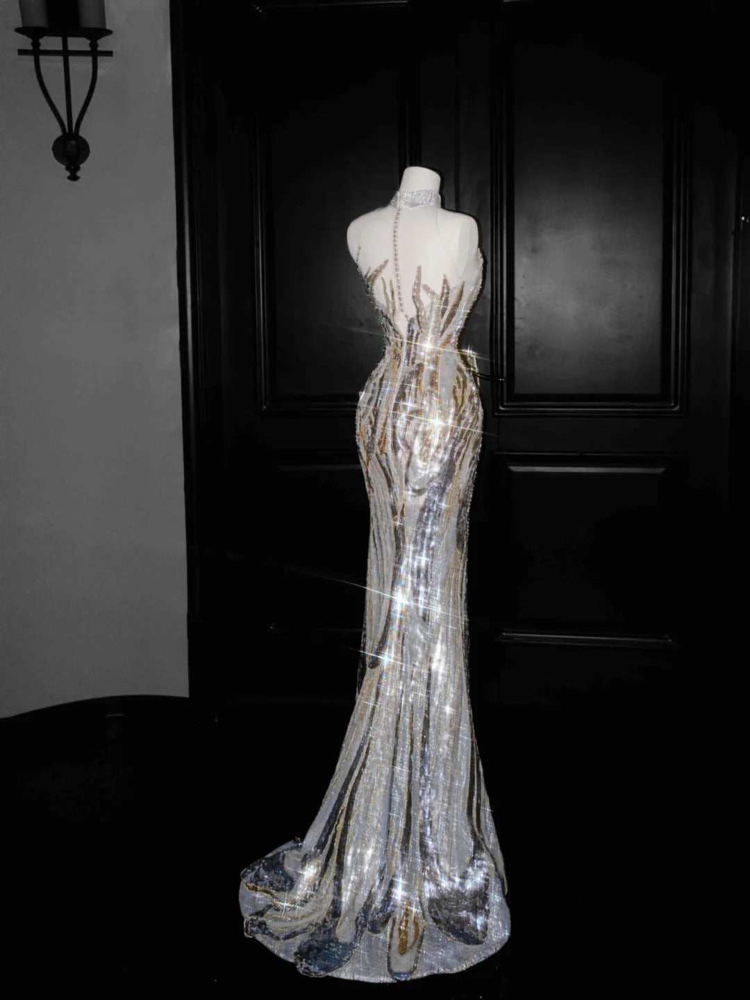 Fashion Silver Sequin Mandarin Collar Mermaid Long Prom Dress Elegant Formal Evening Dress RF0479