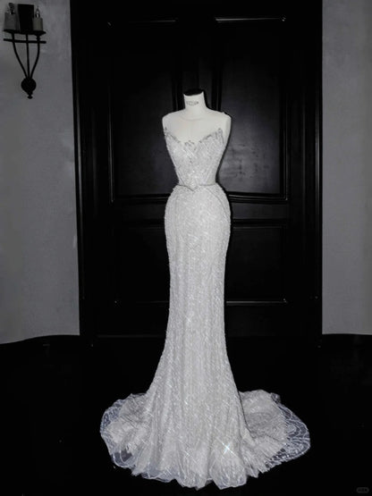 Gorgeous Light Grey Mermaid Round Neck Sequined Tulle Long Prom Dresses Formal Evening Dress RF0480