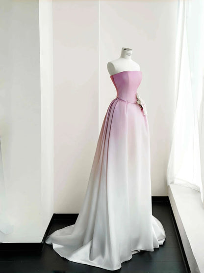 Robe de bal longue en satin rose dégradé, coupe trapèze, sans bretelles, magnifique robe de mariée RF0483