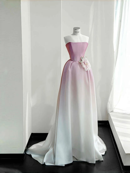 Robe de bal longue en satin rose dégradé, coupe trapèze, sans bretelles, magnifique robe de mariée RF0483