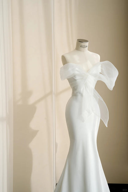Charming White Mermaid Satin Strapless Wedding Dress Formal Evening Dress RF0485