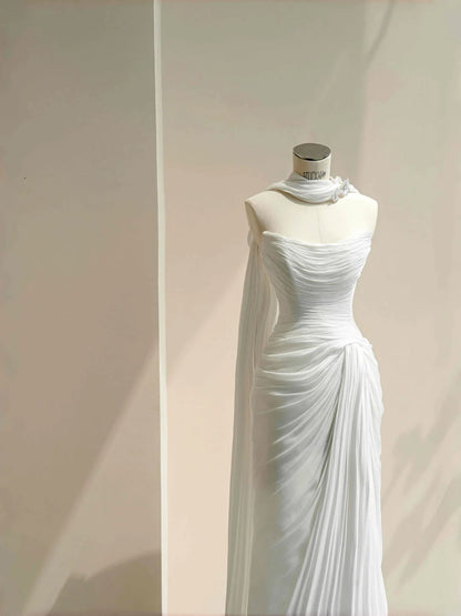 Elegant White Chiffon Mermaid Wedding Dress Off Shoulder Long Prom Dresses with Pleats RF0489