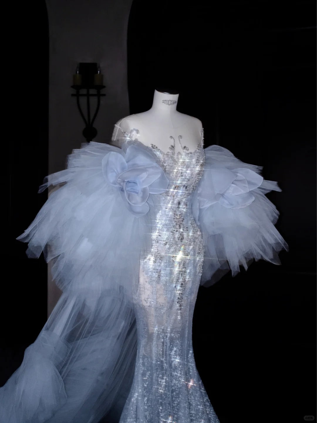 Ice Blue Tulle Mermaid Round Neck Sequins Long Train Evening Dress RF0490
