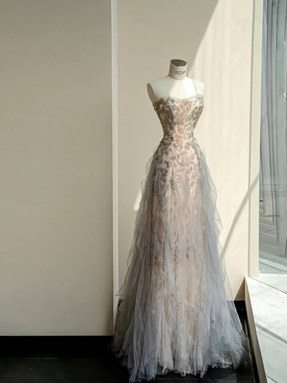 Sweet Strapless A-Line Silver Tulle Beaded Long Prom Dresses Formal Evening Dresses RF0493