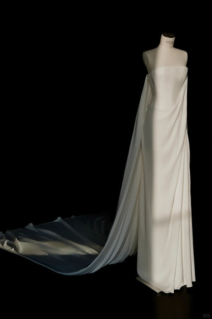 Elegant White Chiffon Strapless Sheath Train Wedding Dress Formal Evening Dress RF0494