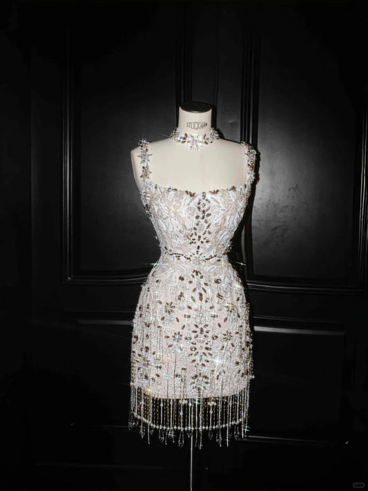 Unique Gold Square Neck Diamond Beaded Bodycon Short Prom Dresses Gorgeous Homecoming Dress RF0496