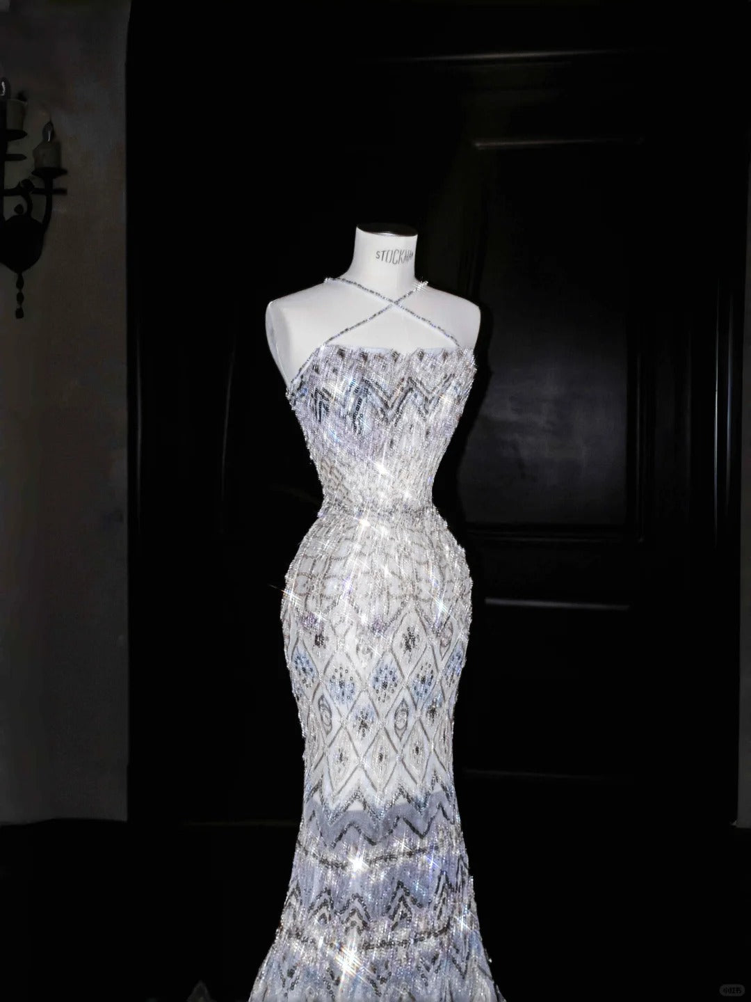Robe de soirée longue sexy en tulle et strass, style sirène, col licou, RF0497