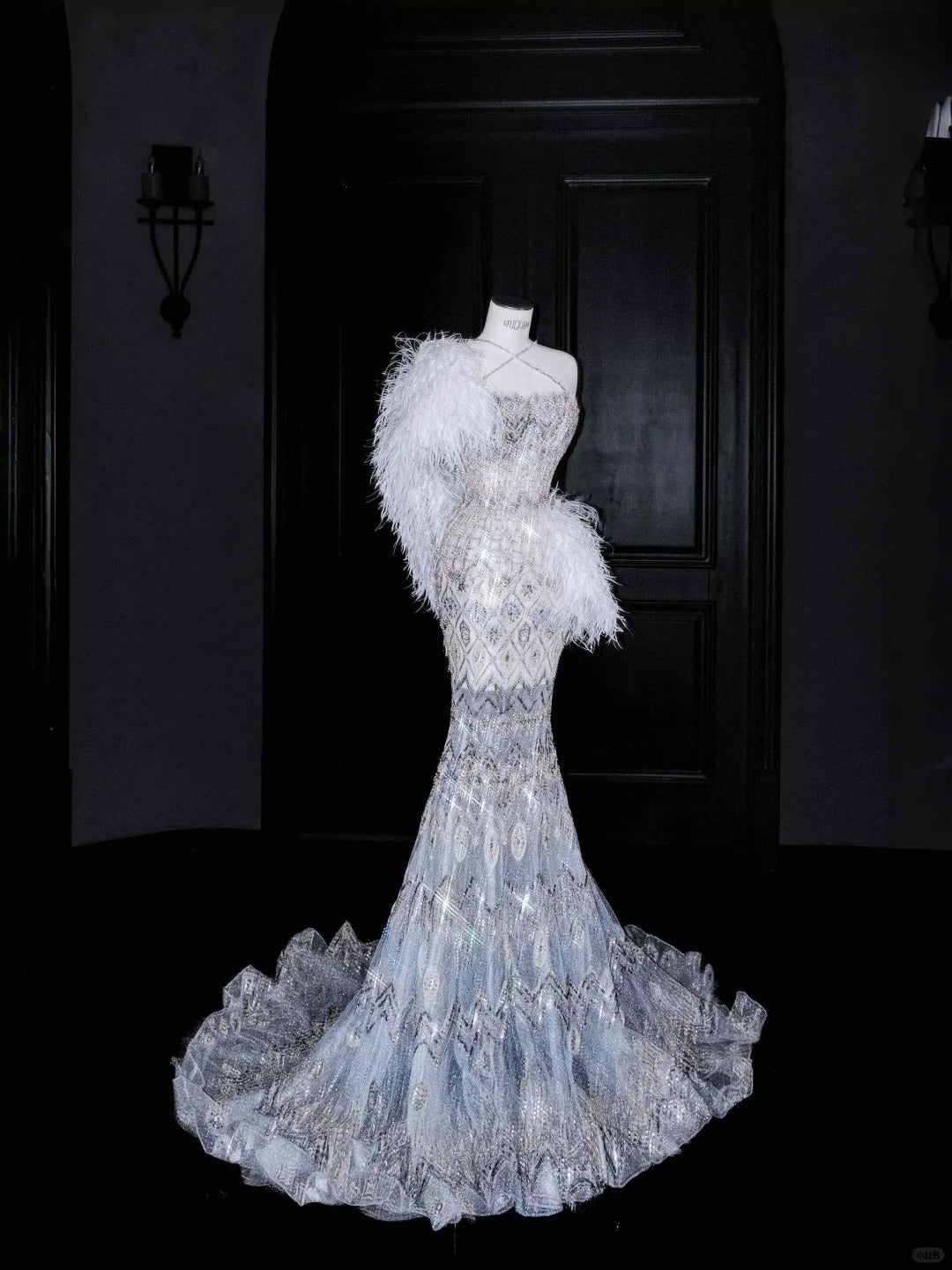 Robe de soirée longue sexy en tulle et strass, style sirène, col licou, RF0497