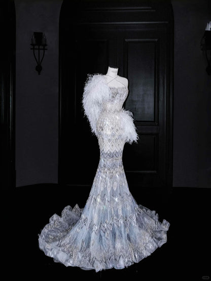 Robe de soirée longue sexy en tulle et strass, style sirène, col licou, RF0497