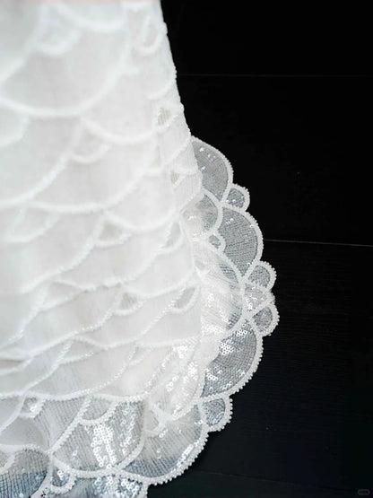 White Mandarin Neck Beaded Mermaid Formal Evening Dress Unique Wedding Dress RF0499