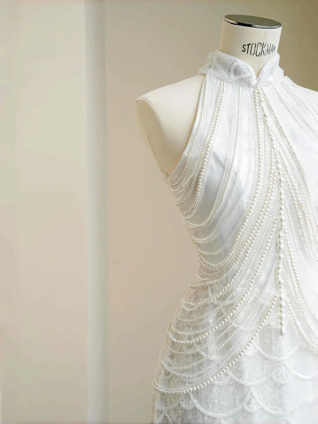 White Mandarin Neck Beaded Mermaid Formal Evening Dress Unique Wedding Dress RF0499