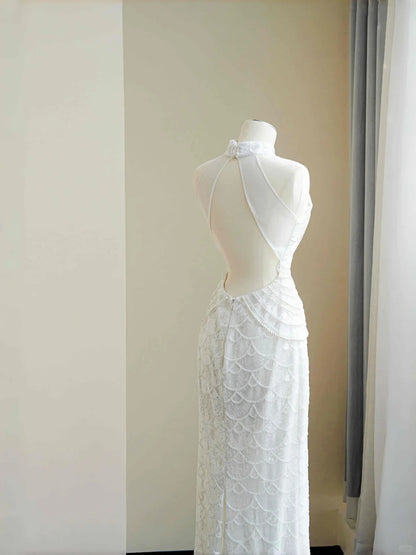 White Mandarin Neck Beaded Mermaid Formal Evening Dress Unique Wedding Dress RF0499