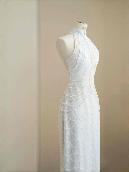 White Mandarin Neck Beaded Mermaid Formal Evening Dress Unique Wedding Dress RF0499
