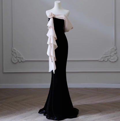 Elegant Black Strapless Velvet Mermaid Long Prom Dresses Formal Evening Dresses RF0500
