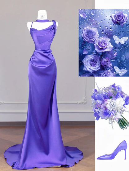 Elegant Purple Strap Mermaid Satin Backless Long Prom Dresses Formal Evening Gowns RF0501