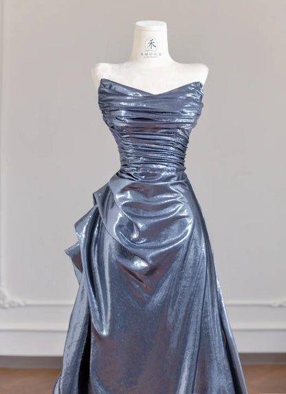 Unique Black Grey V-neck A-line Long Prom Dresses Formal Evening Gowns With Pleats RF0502