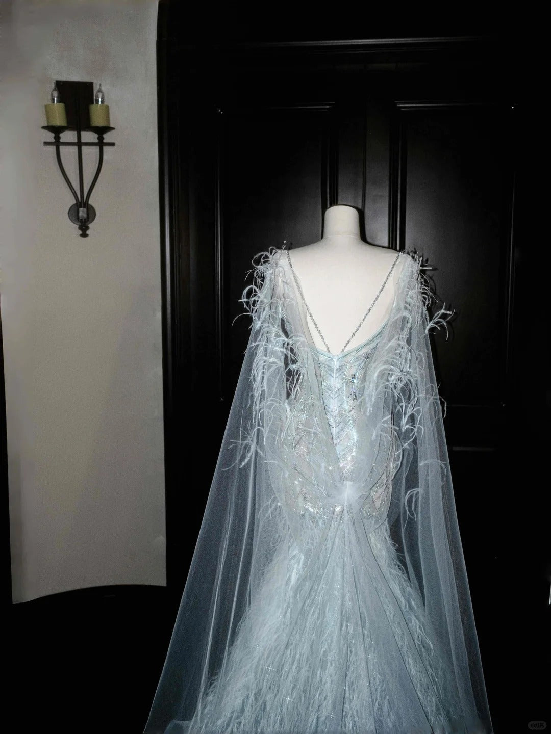 Superbe robe de soirée sirène longue en tulle bleu glacier à bretelles spaghetti RF0503