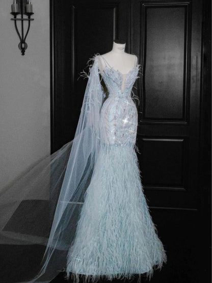 Superbe robe de soirée sirène longue en tulle bleu glacier à bretelles spaghetti RF0503