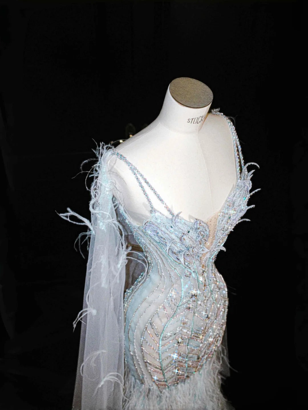 Superbe robe de soirée sirène longue en tulle bleu glacier à bretelles spaghetti RF0503