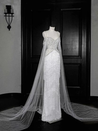 Fairytale Spaghetti Straps Beaded Tulle Sheath Train Wedding Dress RF0506