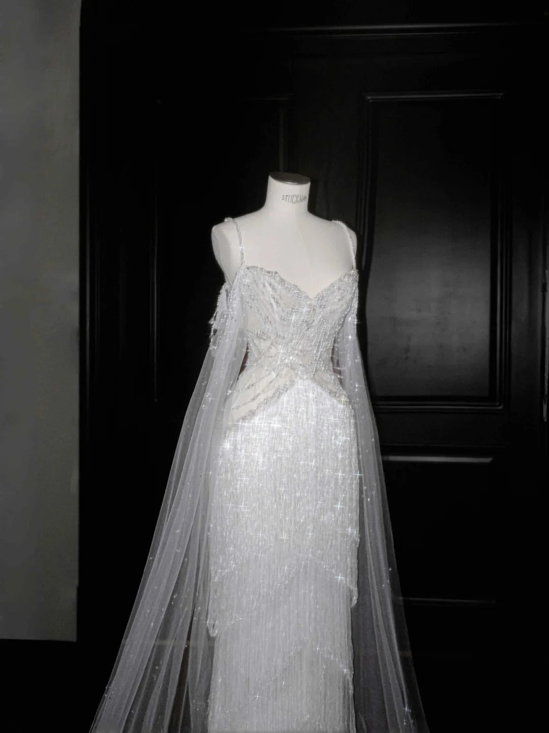 Fairytale Spaghetti Straps Beaded Tulle Sheath Train Wedding Dress RF0506