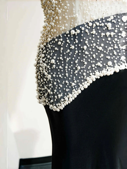 Elegant Black Satin Mermaid Beaded Long Prom Dresses Formal Evening Dresses RF0507