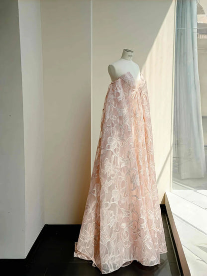 Gorgeous Strapless A-line Tulle Long Prom Dresses Applique Pink Wedding Dress RF0508