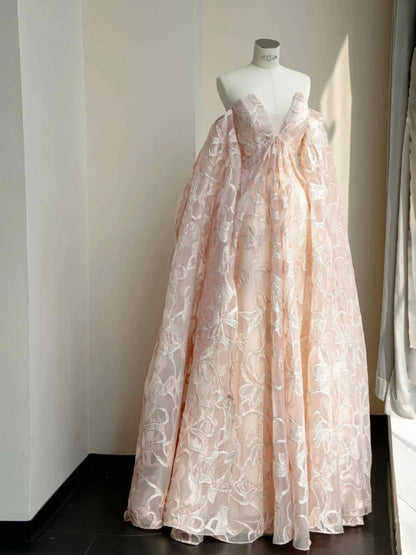 Gorgeous Strapless A-line Tulle Long Prom Dresses Applique Pink Wedding Dress RF0508