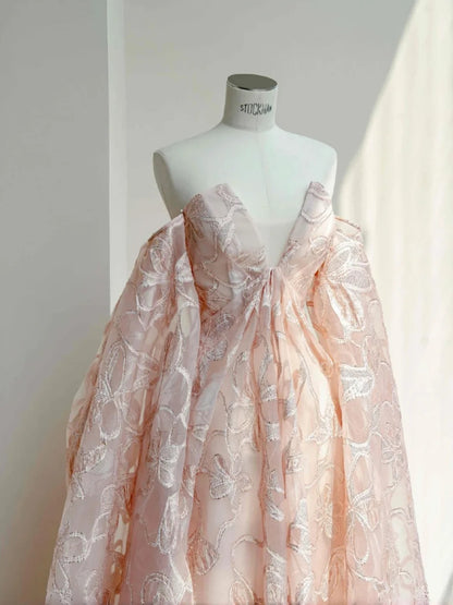 Gorgeous Strapless A-line Tulle Long Prom Dresses Applique Pink Wedding Dress RF0508