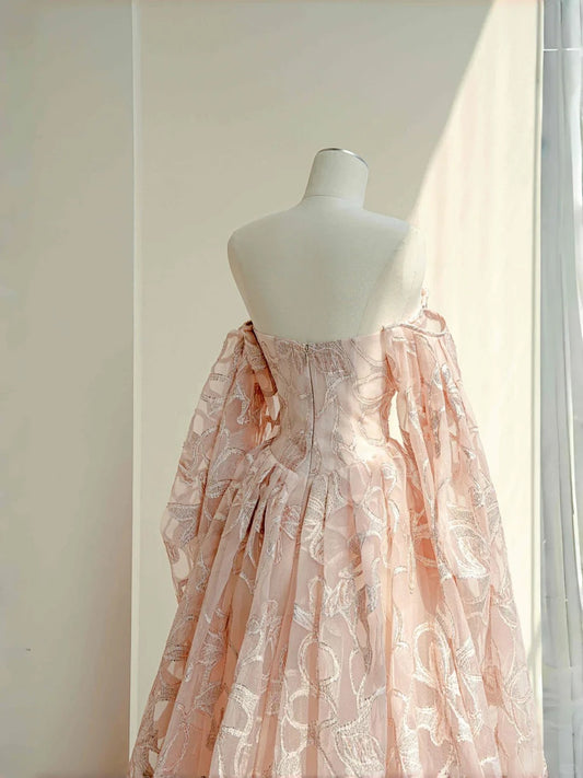 Gorgeous Strapless A-line Tulle Long Prom Dresses Applique Pink Wedding Dress RF0508