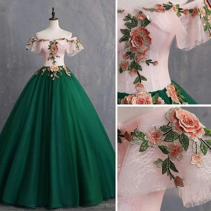 Süßes rosa schulterfreies A-Linien-Ballkleid aus Tüll mit langen Ärmeln RF0510