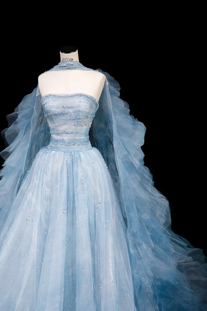 Wunderschöne trägerlose Tüll A-Linie Perlen Brautkleider Blau Formale Abendkleider RF0511