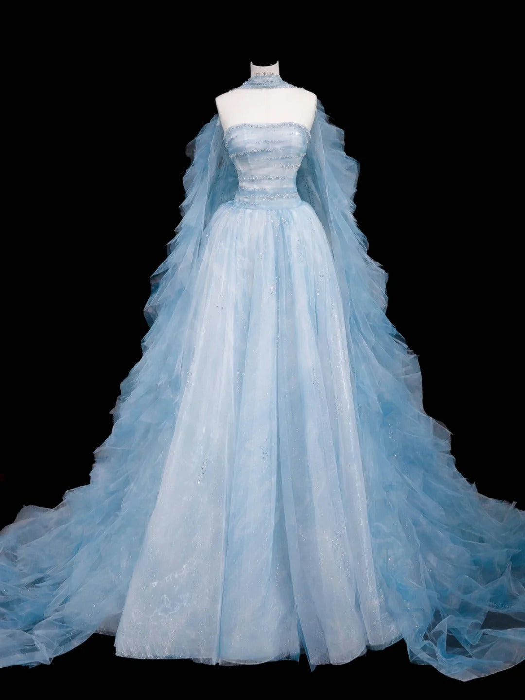 Wunderschöne trägerlose Tüll A-Linie Perlen Brautkleider Blau Formale Abendkleider RF0511