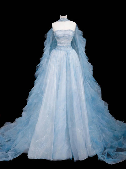 Wunderschöne trägerlose Tüll A-Linie Perlen Brautkleider Blau Formale Abendkleider RF0511