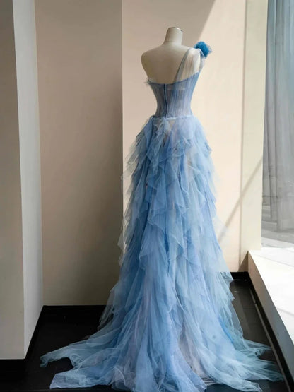 Beautiful Blue One Shoulder Tulle A-Line Long Prom Dresses Sweet 16 Dress RF0512