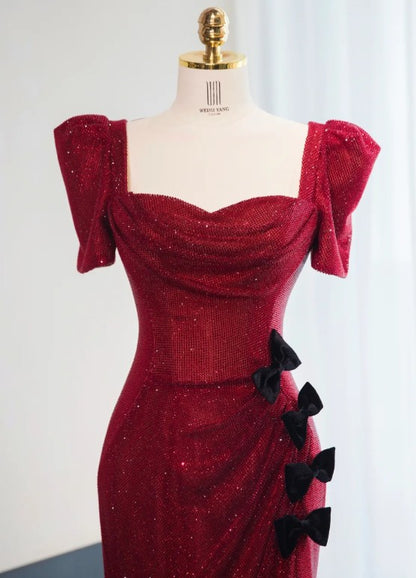 Wunderschönes rotes Chiffon-Etuikleid mit quadratischem Ausschnitt und Pailletten, formelle Abendkleider RF0515