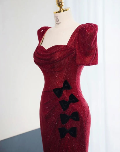 Wunderschönes rotes Chiffon-Etuikleid mit quadratischem Ausschnitt und Pailletten, formelle Abendkleider RF0515